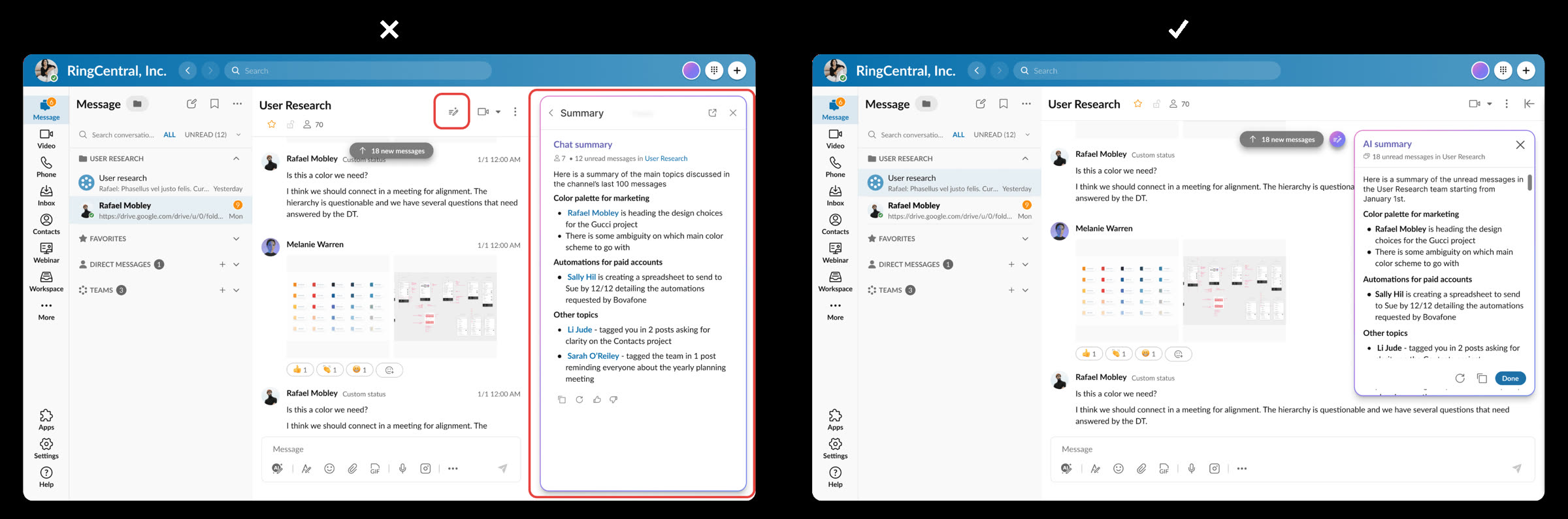 Message summary iteration: persistent sidebar replaced with a pop-over on desktop