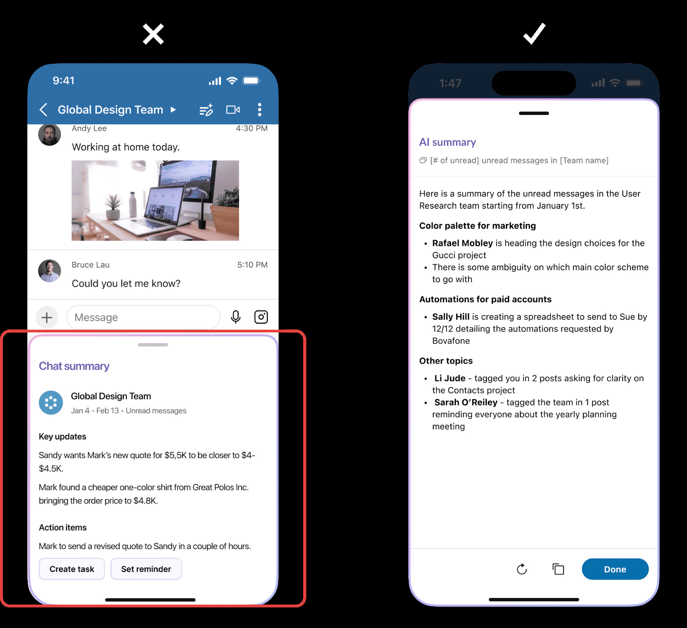 Message summary iteration: cramped overlay replaced with a full-screen takeover on mobile
