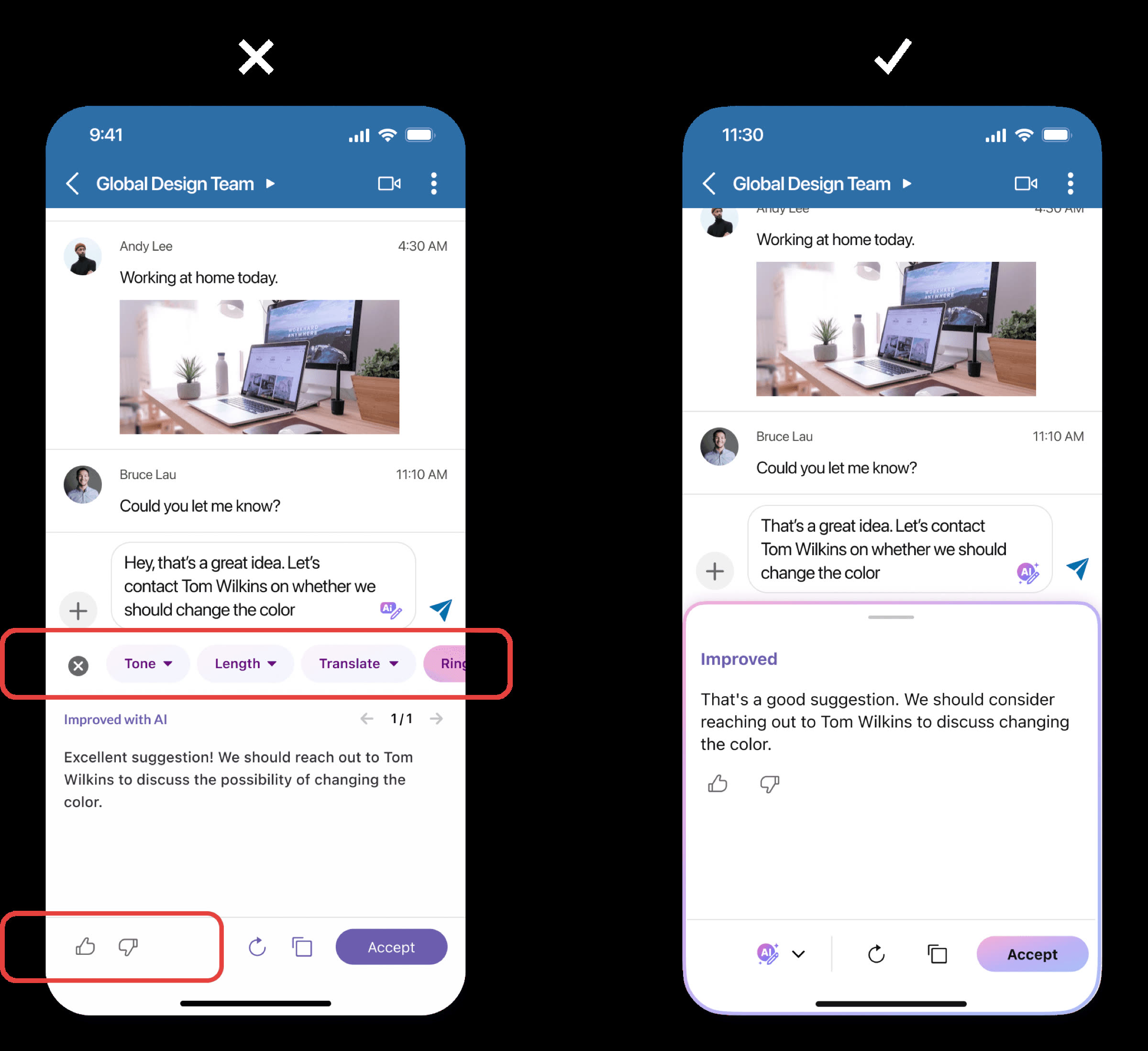 AI writer iteration: carousel options replaced with a drawer and feedback placed next to the suggestion