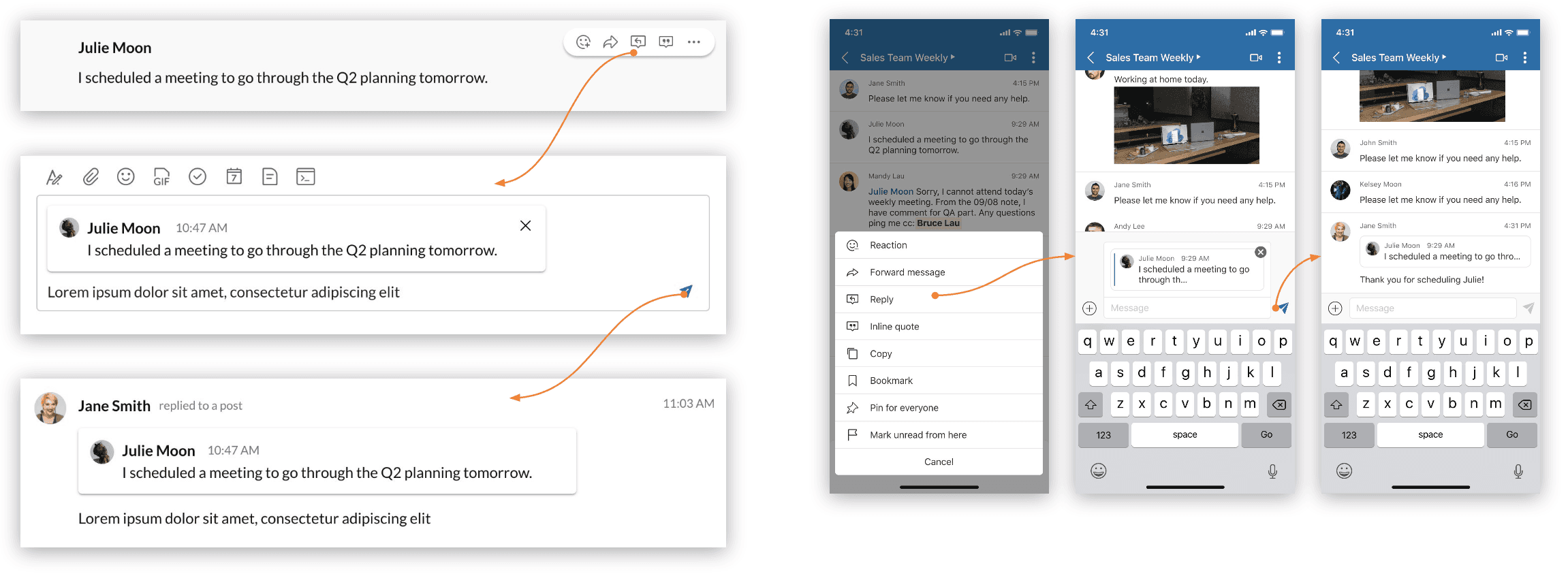 MVP concept: single-level reply with a truncated reference on desktop and mobile