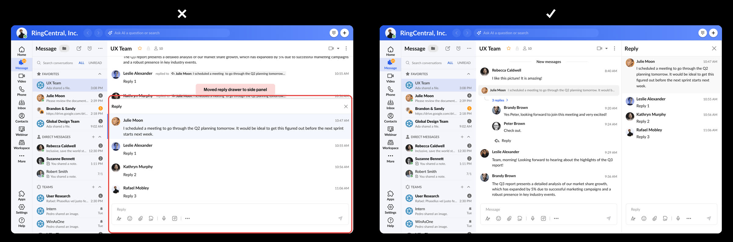 Before and after: reply drawer overlay moved to a dedicated side panel