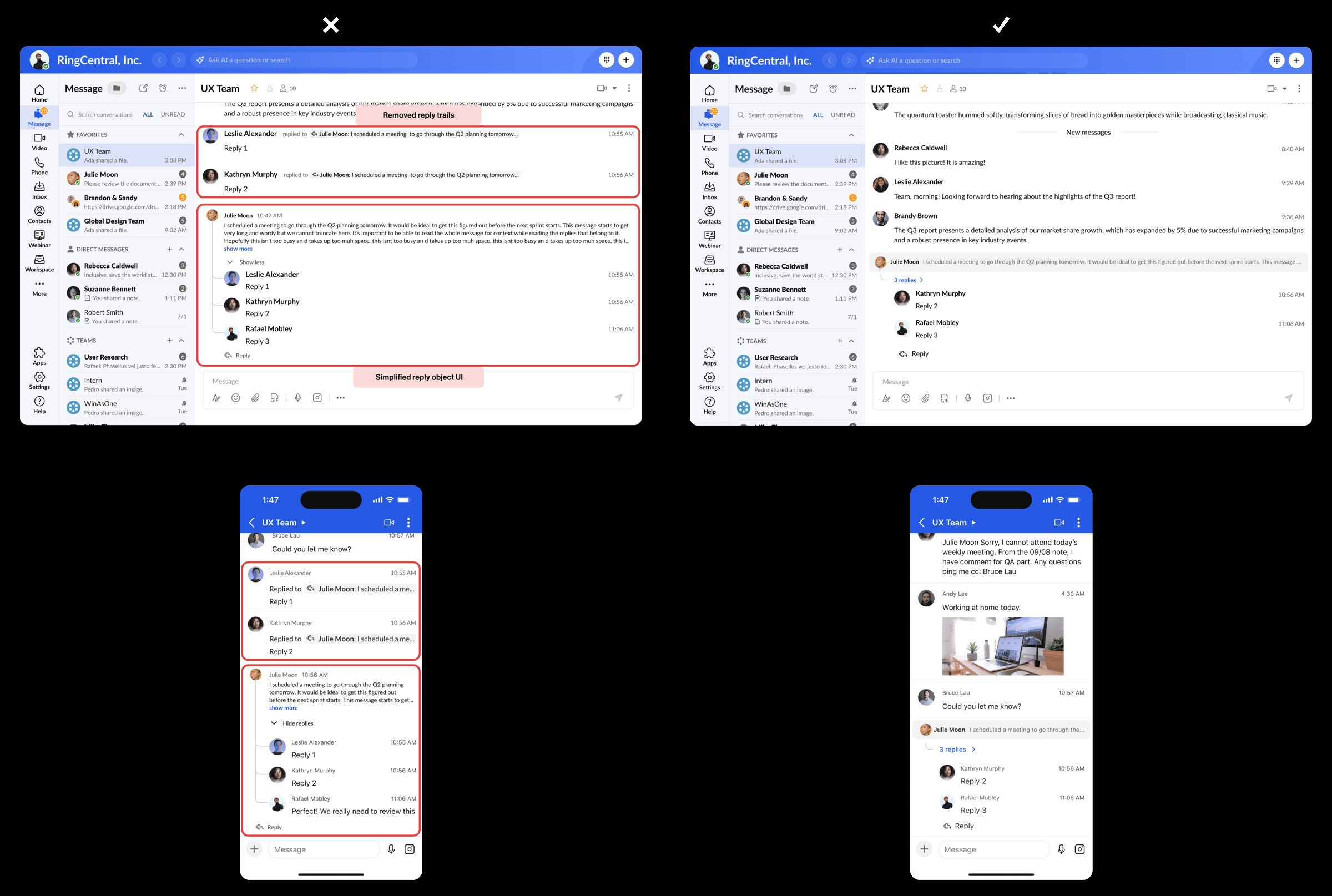 Before and after: reply trails removed and the reply object simplified on desktop and mobile
