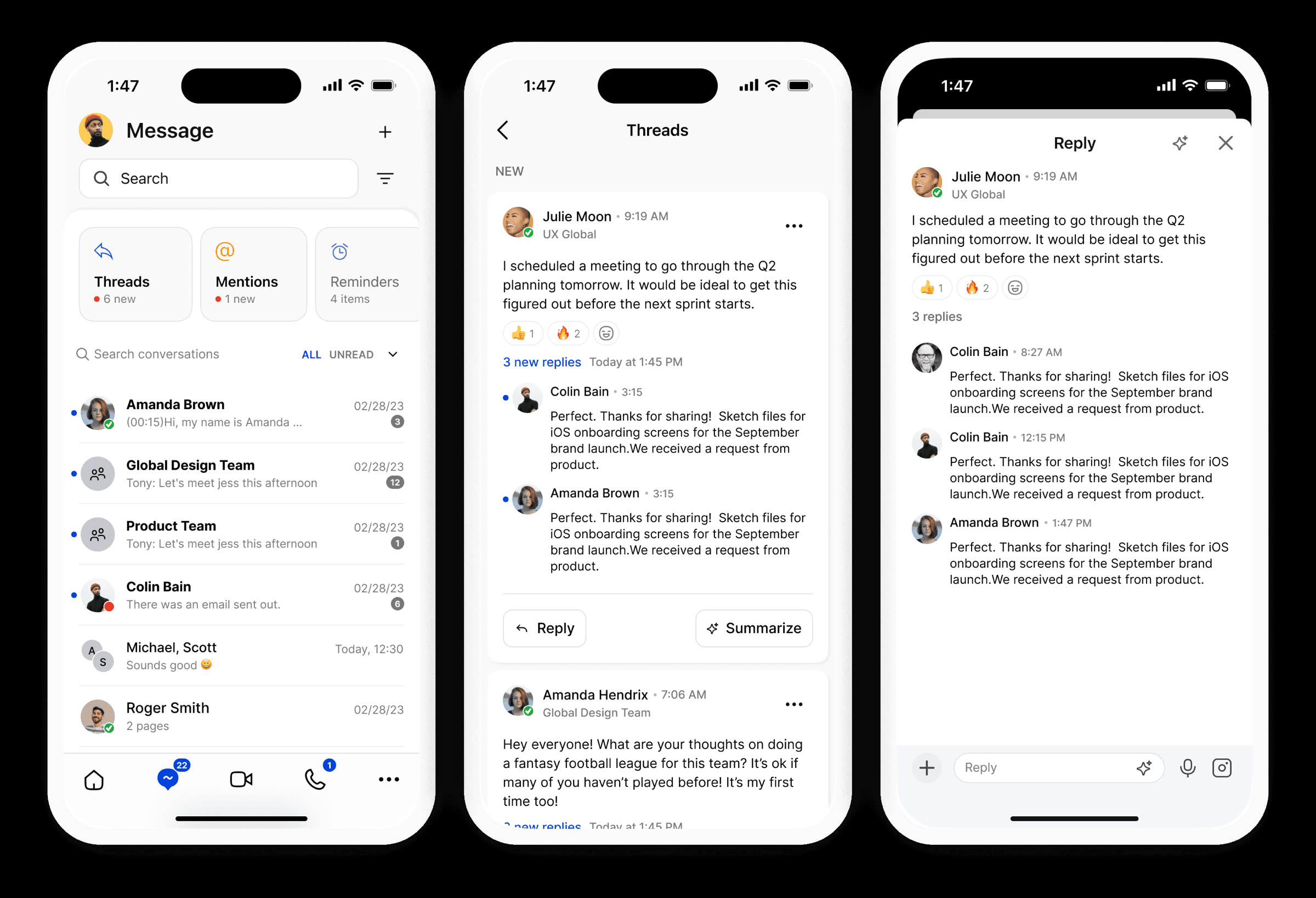 Dedicated Threads inbox on mobile with reply and AI summarize actions on each thread