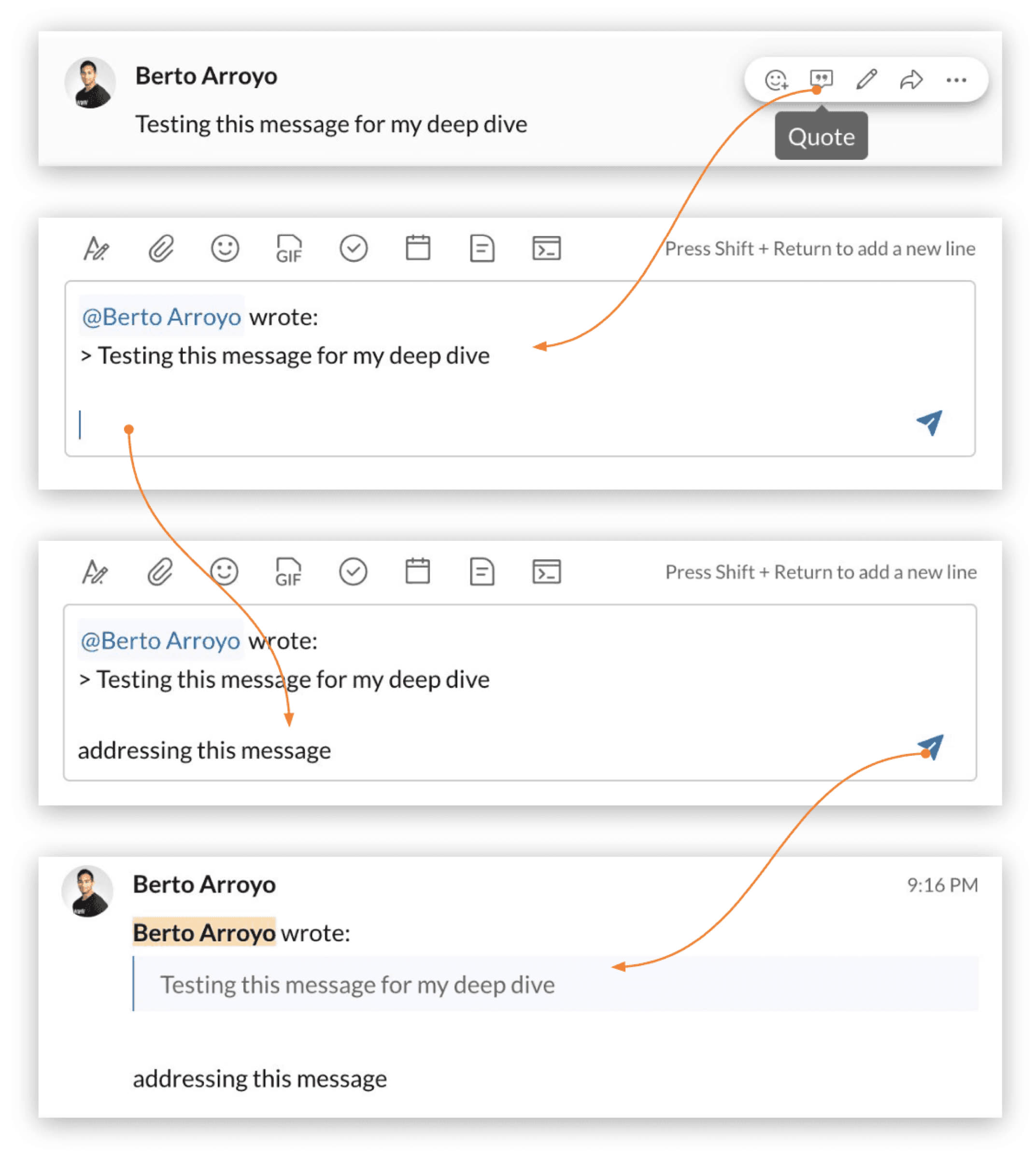 Quoting flow: select Quote, compose against a referenced message, and send a quoted reply